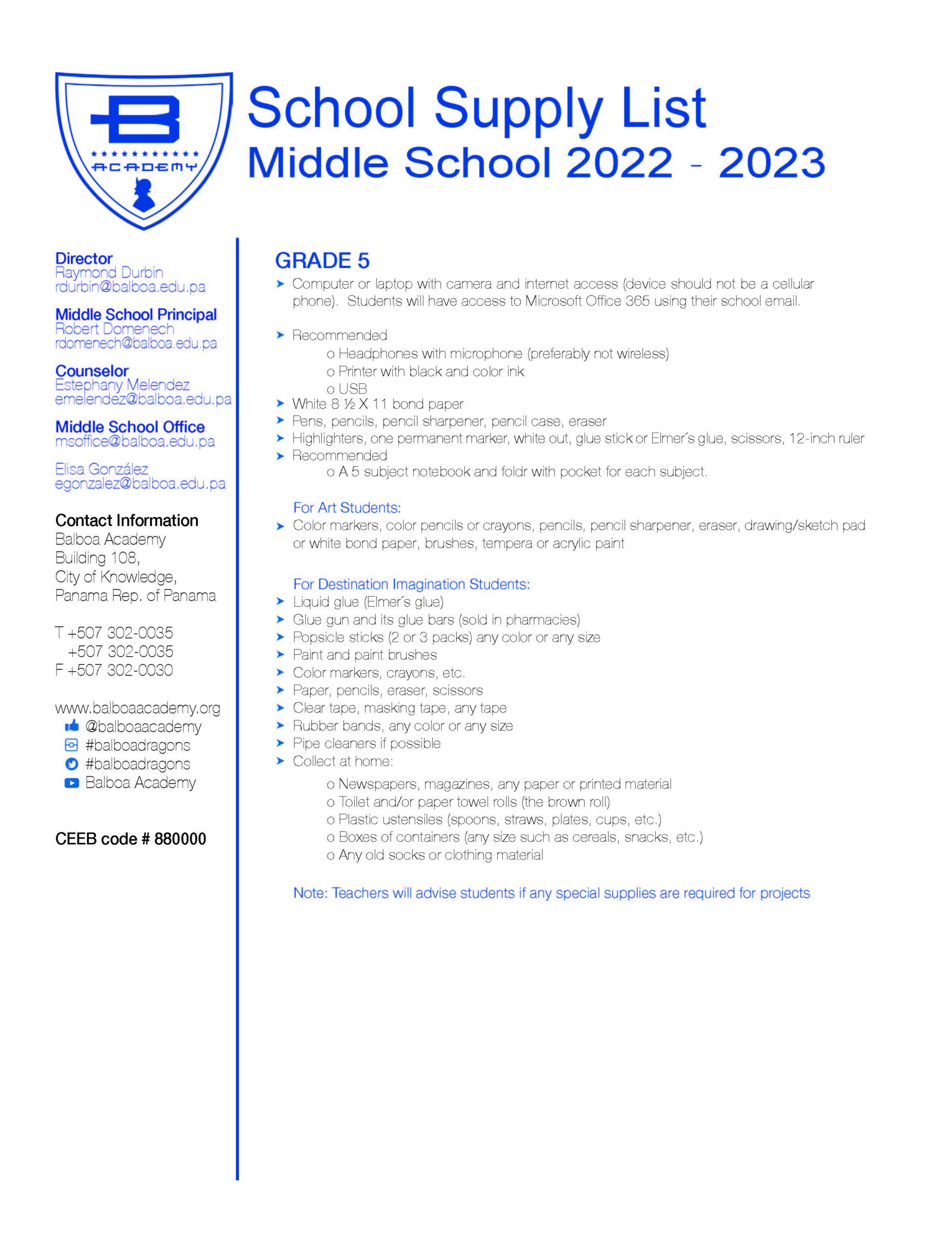 Middle School Supply Lists Balboa Academy / International School in